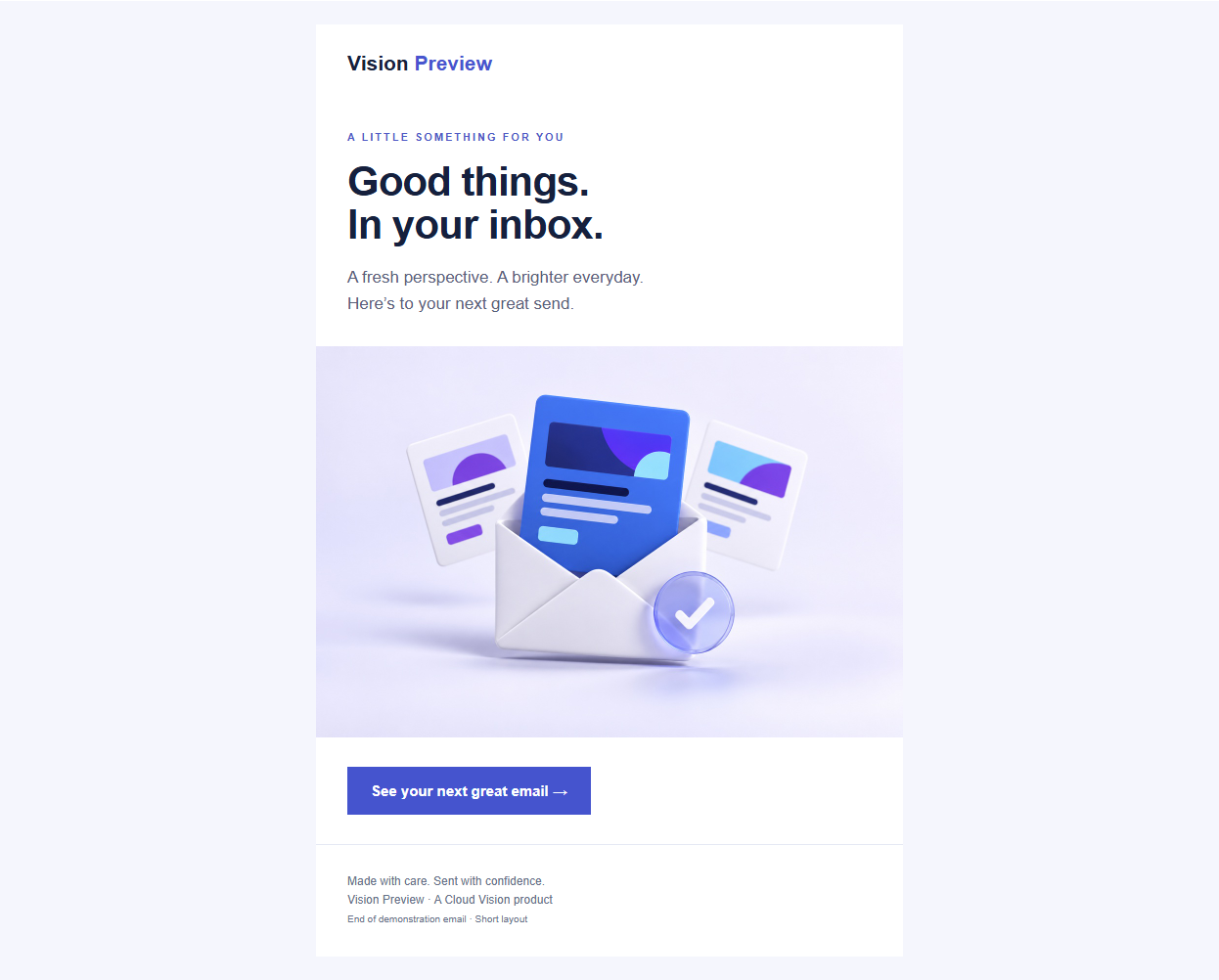 Actual Outlook on the web light-mode capture of Vision Preview’s demonstration email, with a white background, blue headline, envelope illustration and blue call-to-action.